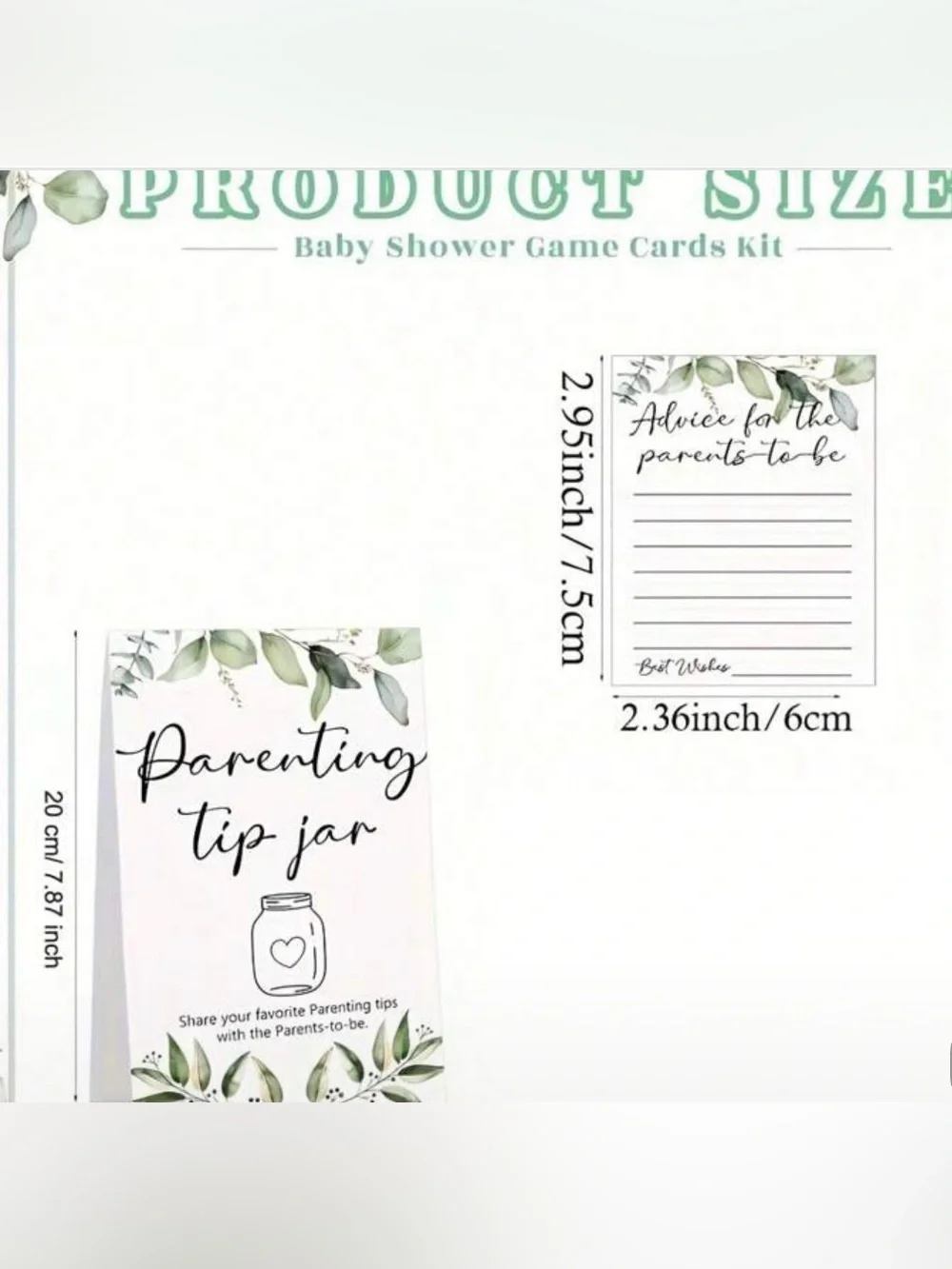 Baby Shower - Parenting Tip Jar Cards and Display -White with Green Accents, NWT